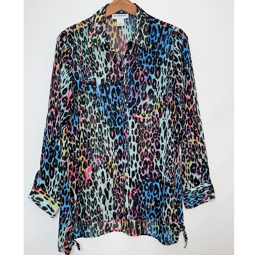 Peck & Peck Vibrant Rainbow Cheetah Print Blouse - Size M - So Fun!